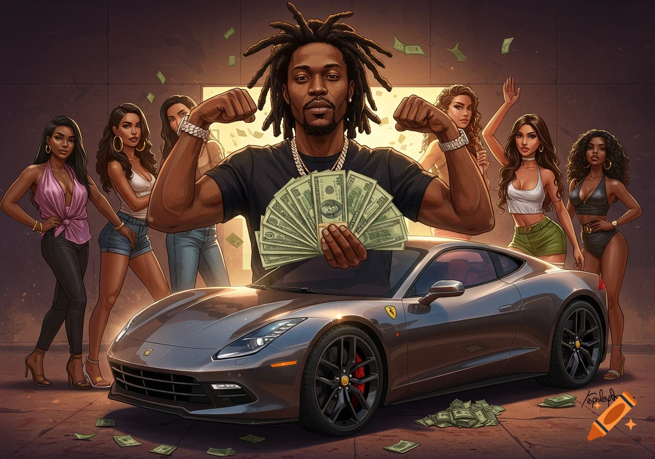 Stylized illustration of a man flexing muscles while holding cash in front of a sports car with women and money scattered around.