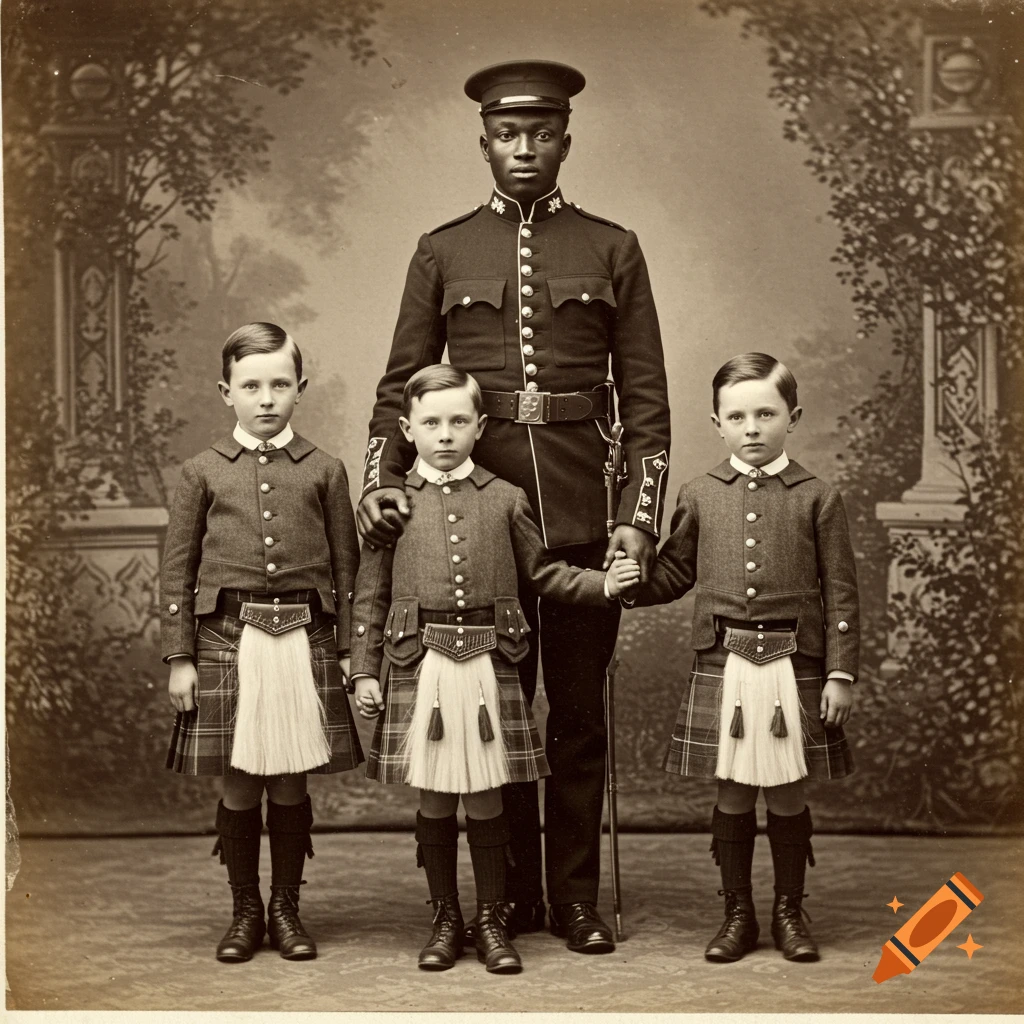Old sepia photo of a Black soldier with three boys in kilts.