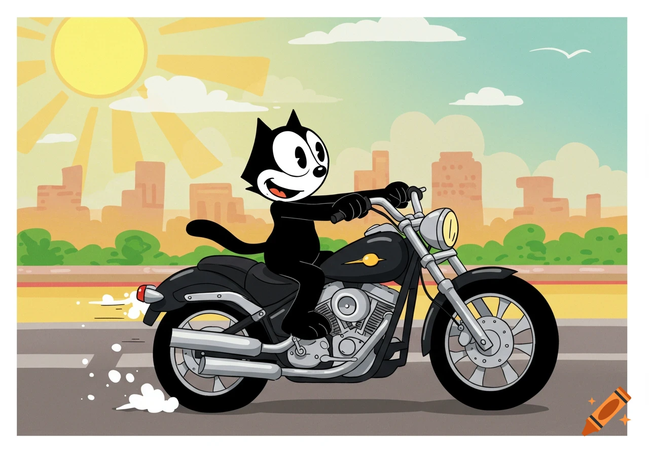 Felix the Cat rides a motorcycle in a cartoon style.