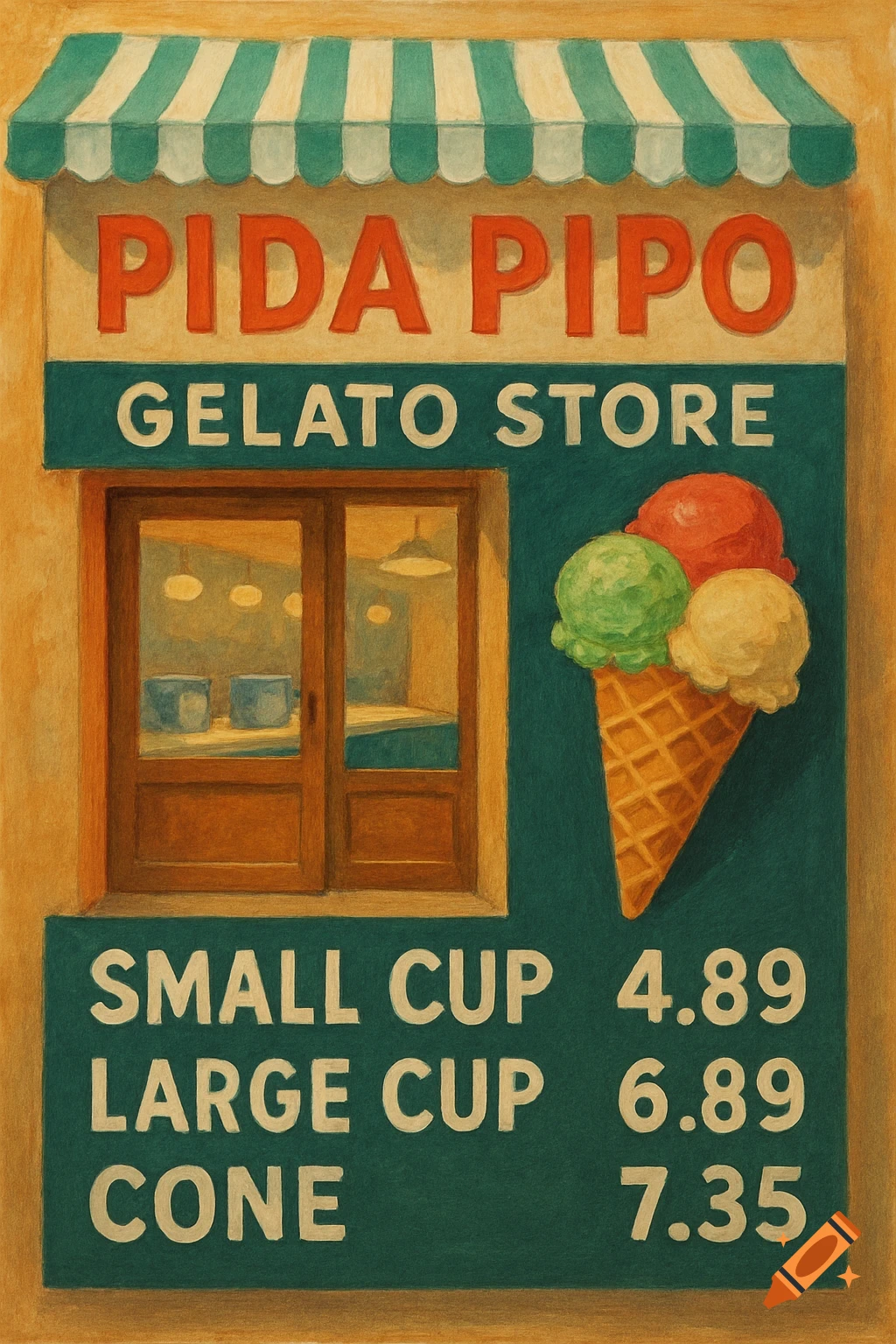Illustration of a gelato store menu sign with ice cream cone.