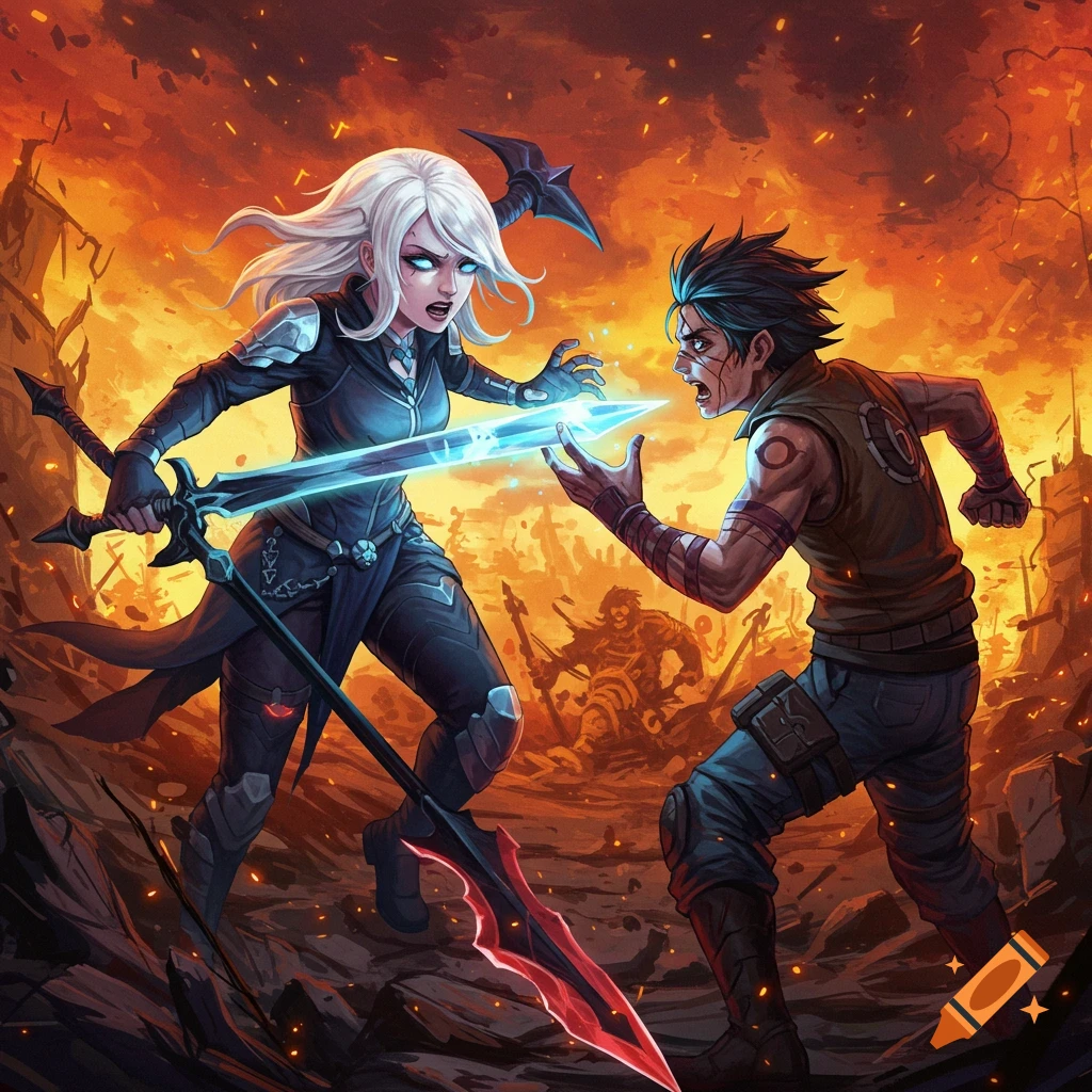 Two fantasy characters duel with glowing swords in a fiery, destroyed landscape.