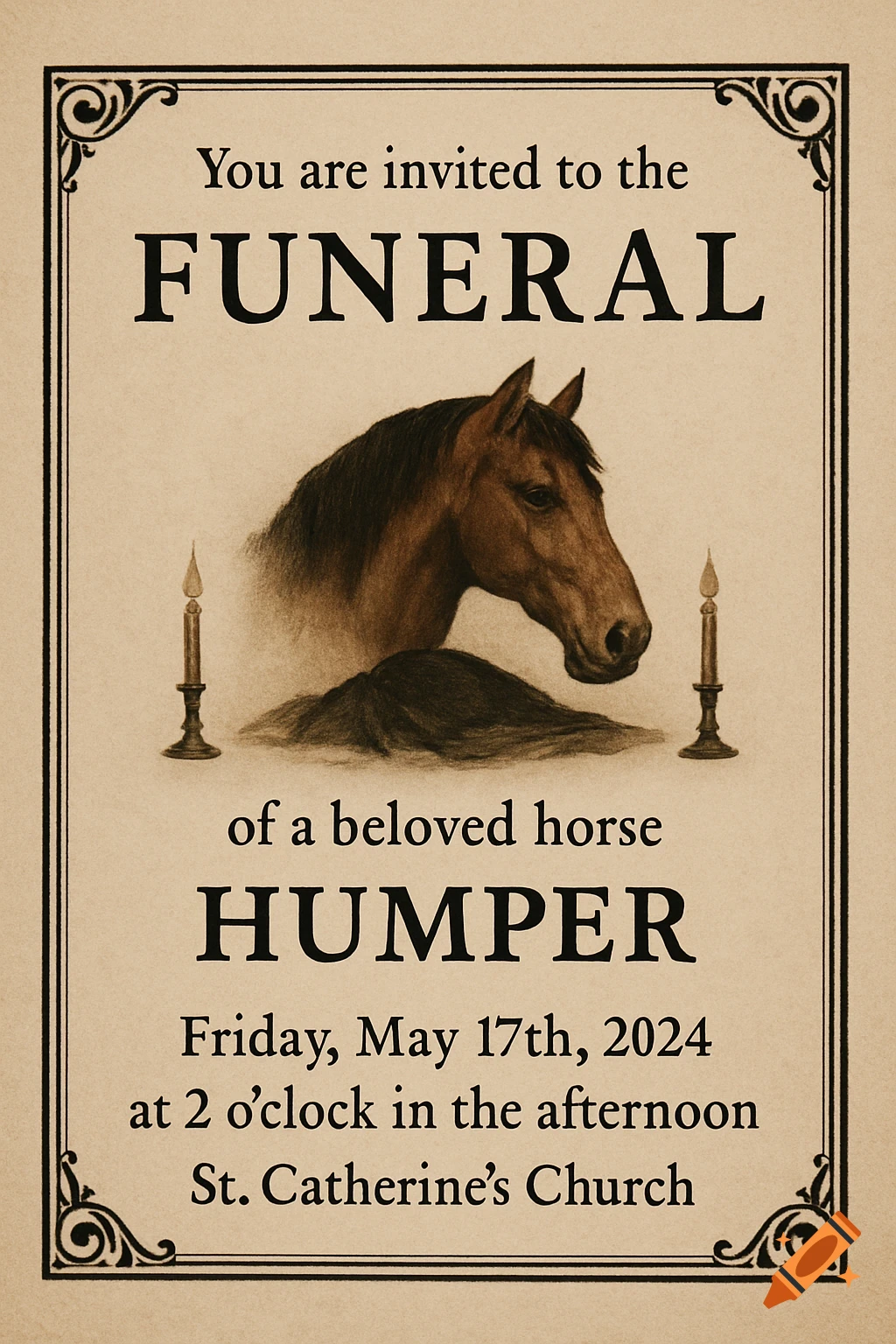 Funeral invitation for a horse named Humper, with illustration of a horse and candles.
