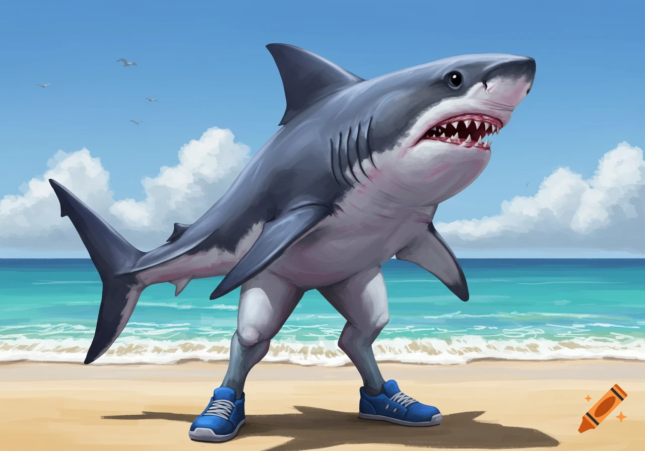 Illustration of a shark with legs wearing blue shoes standing on a beach.