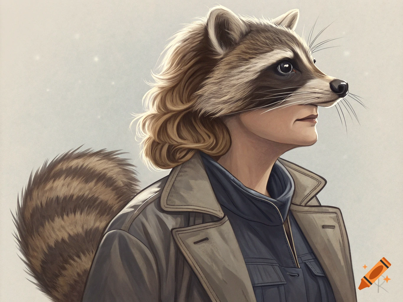 Illustration of a person in a trench coat with a raccoon head and tail.