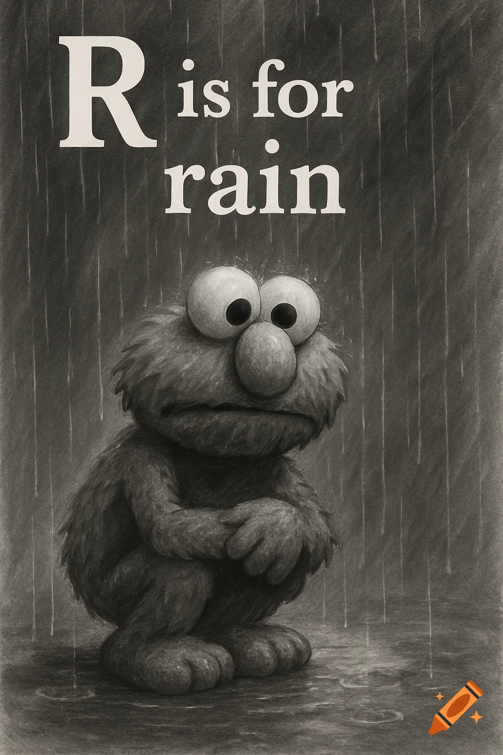 Black and white drawing of a sad Elmo crouching in the rain with text R is for rain.