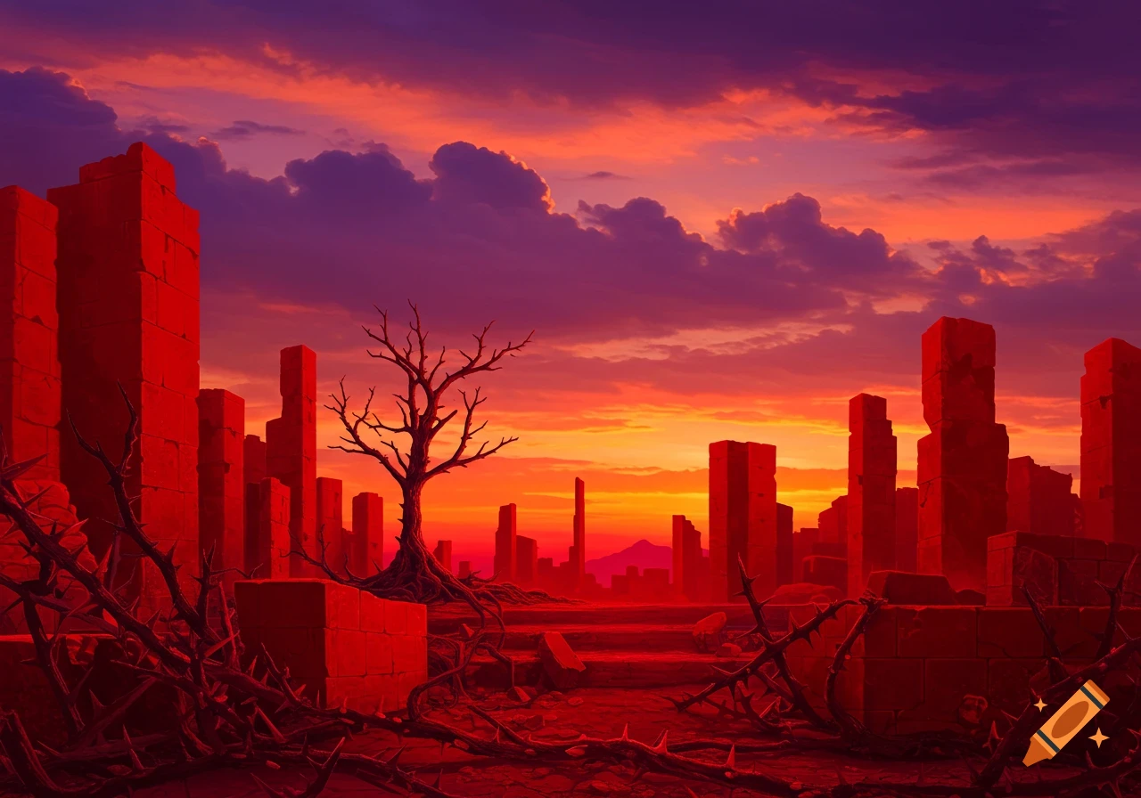 Red ruins with a bare tree and thorny branches against a vibrant orange and purple sunset sky.