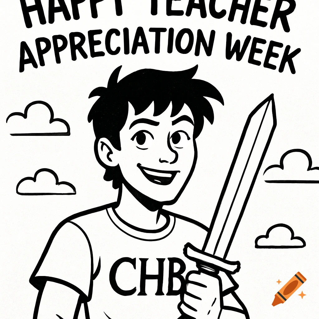 Black and white cartoon drawing of a boy holding a sword with text overhead.