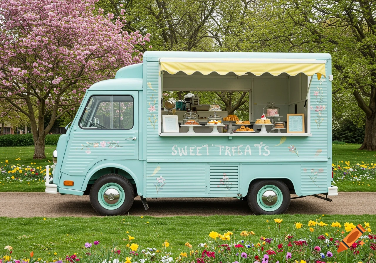 Light blue pastry food truck in a park with spring flowers and cherry blossom trees