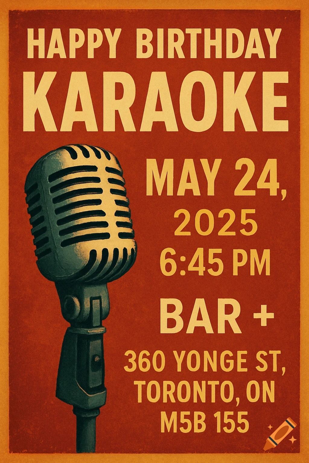 Vintage style poster for a Happy Birthday Karaoke event, featuring a microphone and text detailing the date, time, and location.