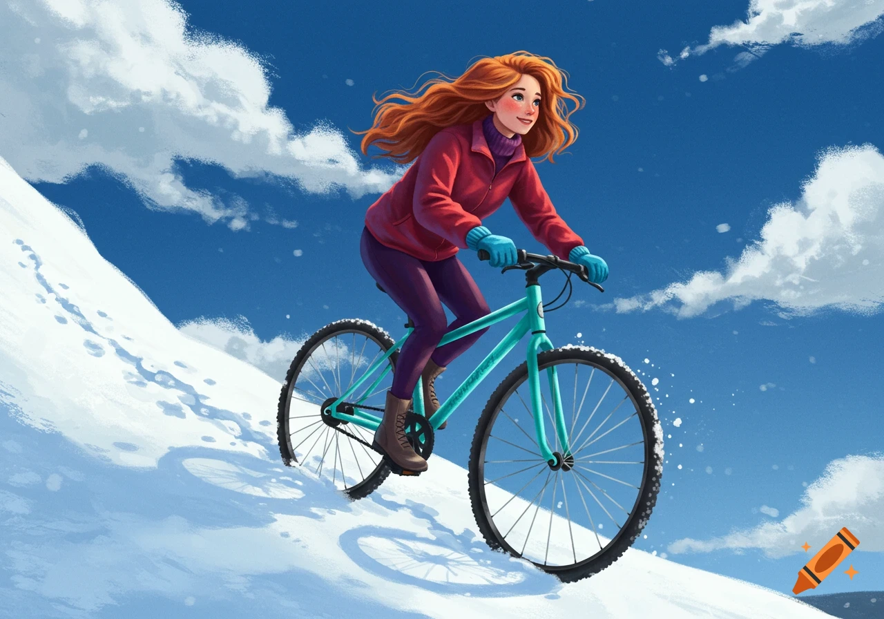 Illustrated woman bikes up a snow-covered hill.
