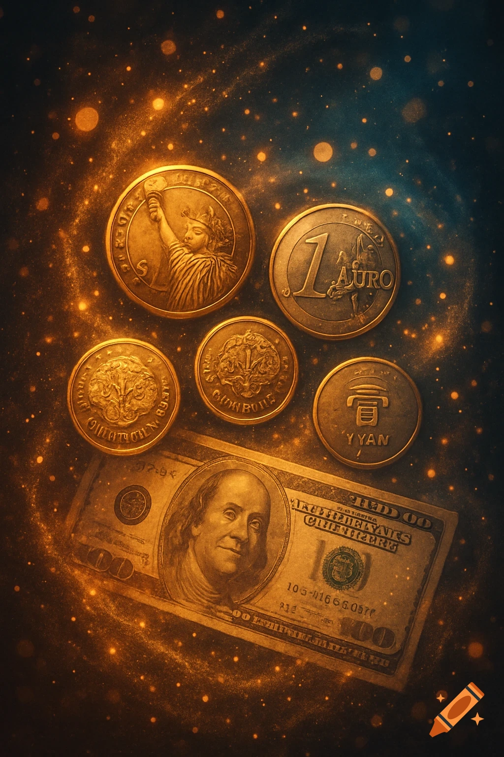 A composition of gold coins and a hundred dollar bill surrounded by shimmering light particles.