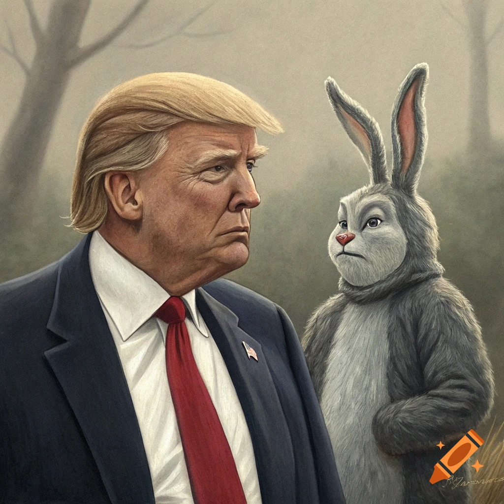 A painting of Donald Trump's face on a large rabbit wearing a suit and ...