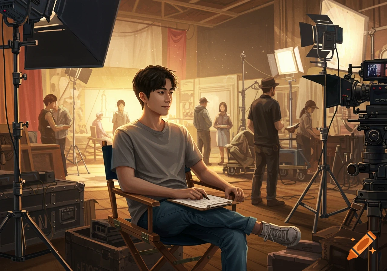 An Asian person sits in a director's chair on a bustling movie set.
