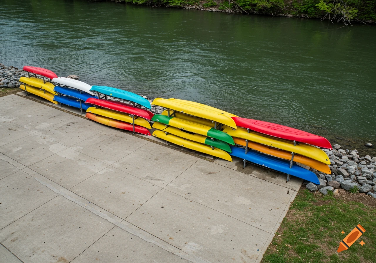 Colorful kayaks stacked on a rack beside a river and concrete path.