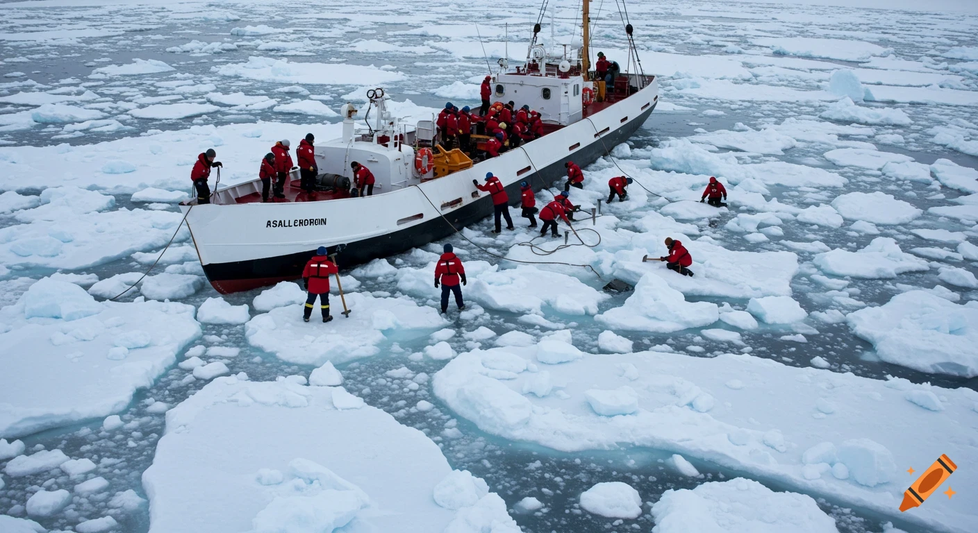Researchers on a ship stuck in ice in Antarctica, working to free it.