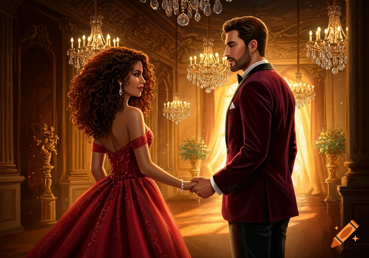 A couple in formal wear holds hands in a lavish ballroom with chandeliers.
