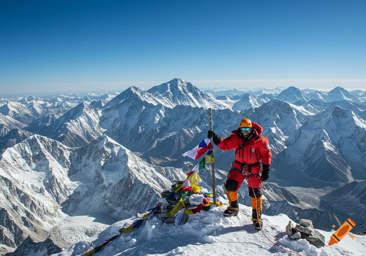 A climber in red gear stands on a snowy mountain summit, planting a flag among prayer flags, with a clear blue sky and vast mountain range behind.