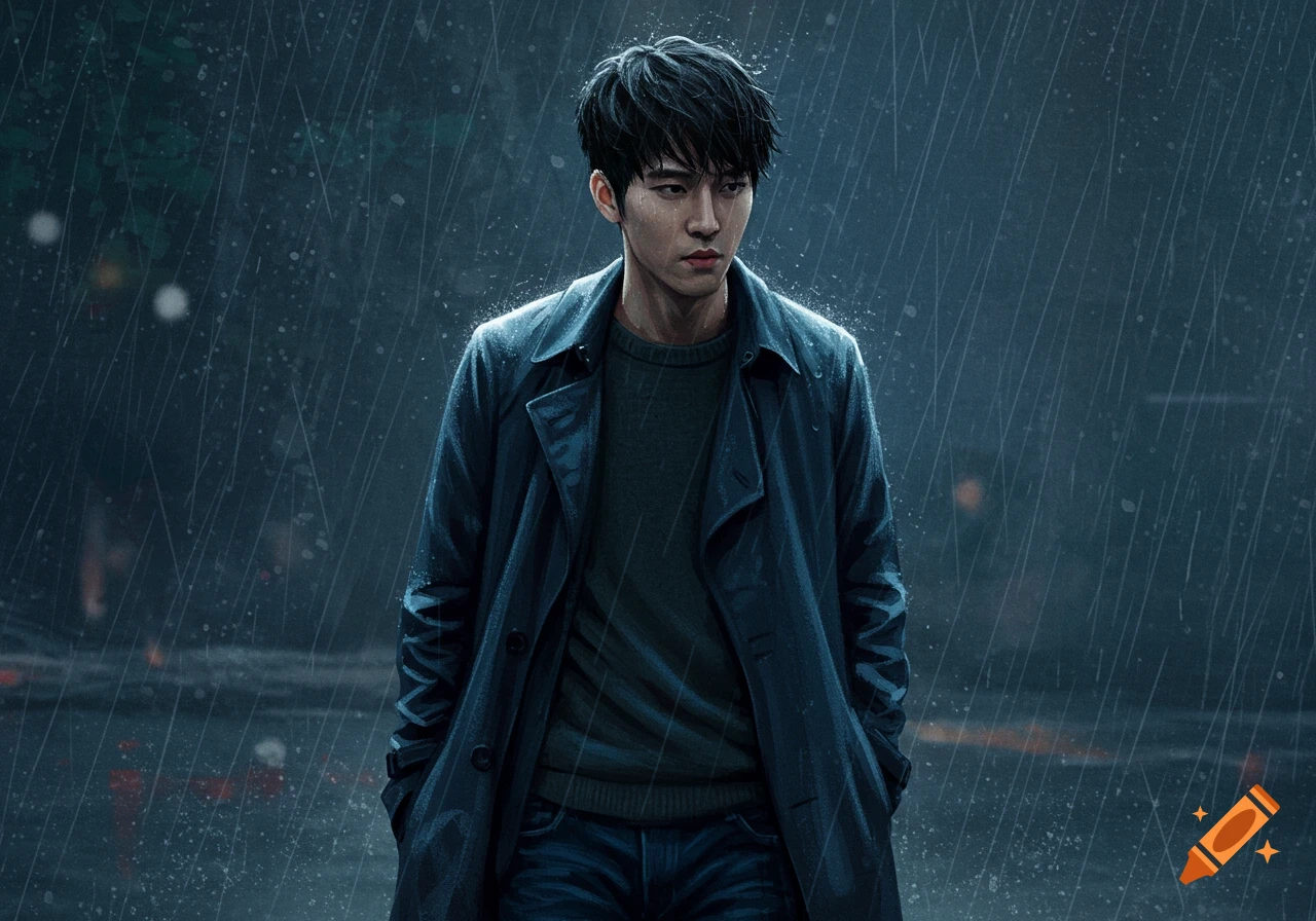 An illustrated man stands in the rain wearing a coat.