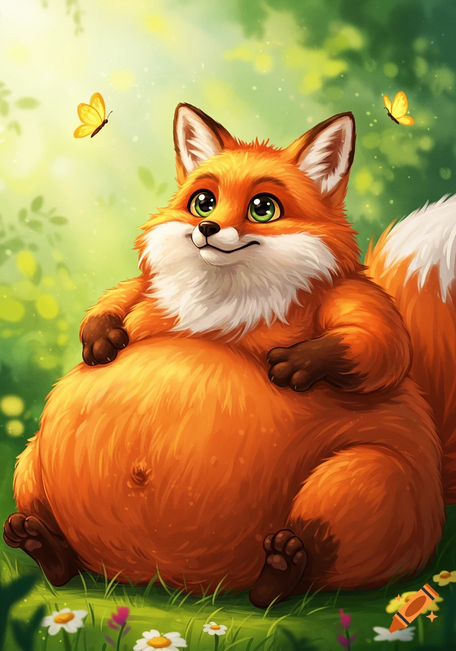 A very fat cartoon fox sits in grass with butterflies. on Craiyon