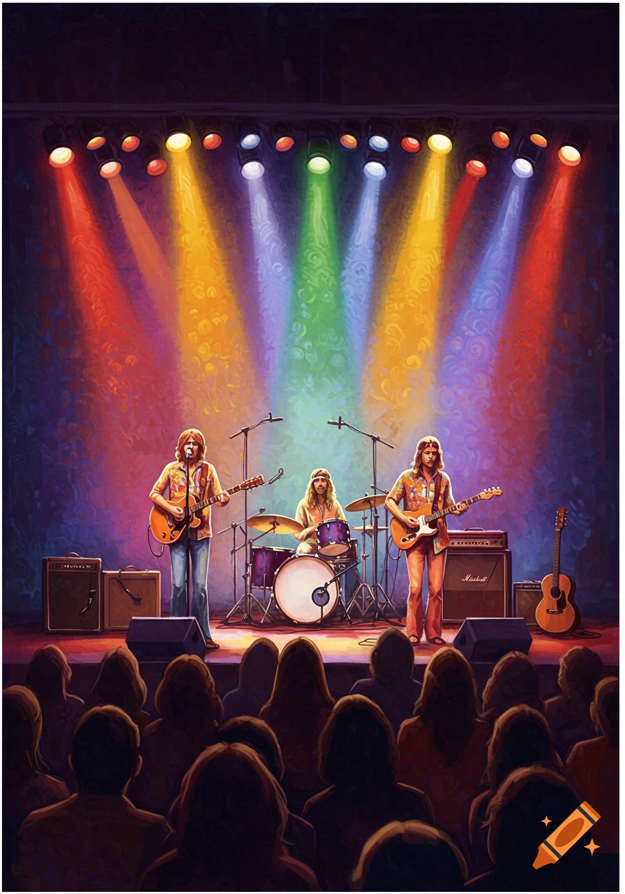 Psychedelic painting of a hippie rock band playing on stage under colorful spotlights to a crowd.