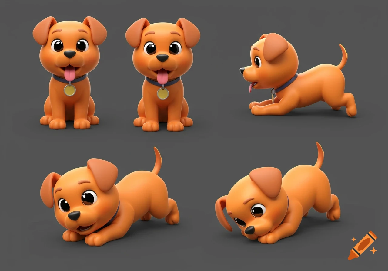 Five 3D cartoon orange puppies in various playful poses on a grey  background. on Craiyon, image size:1280x896