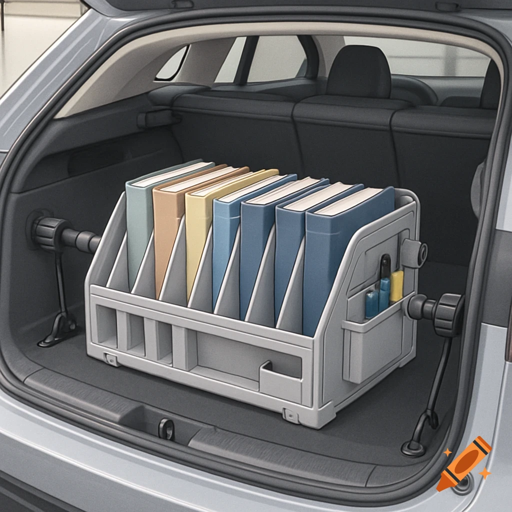 A car trunk organizer filled with books, pens, and other items.