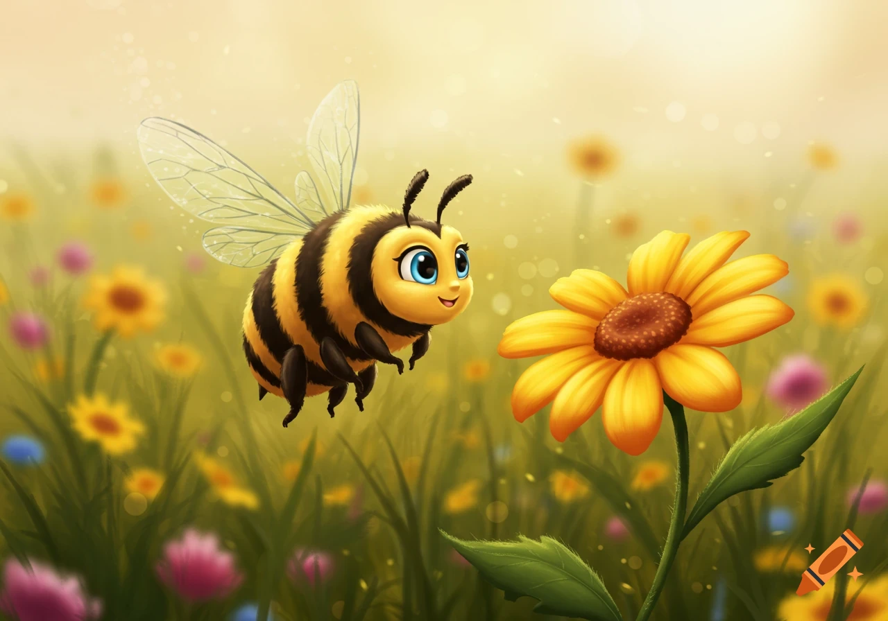 Cartoon illustration of a happy bee flying toward a bright yellow flower in a field.