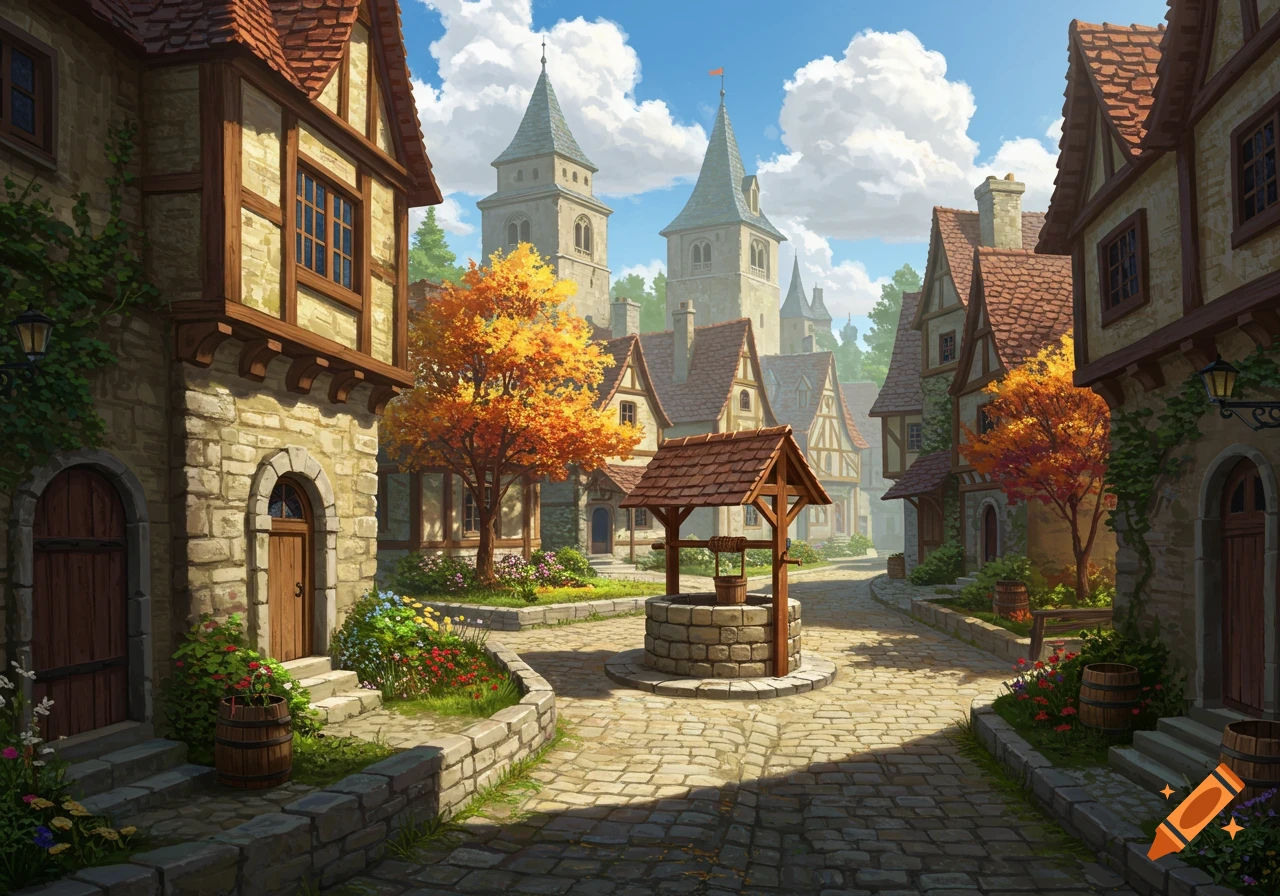 An illustration of a charming medieval village square with a well, stone and timber-framed buildings, and gardens.