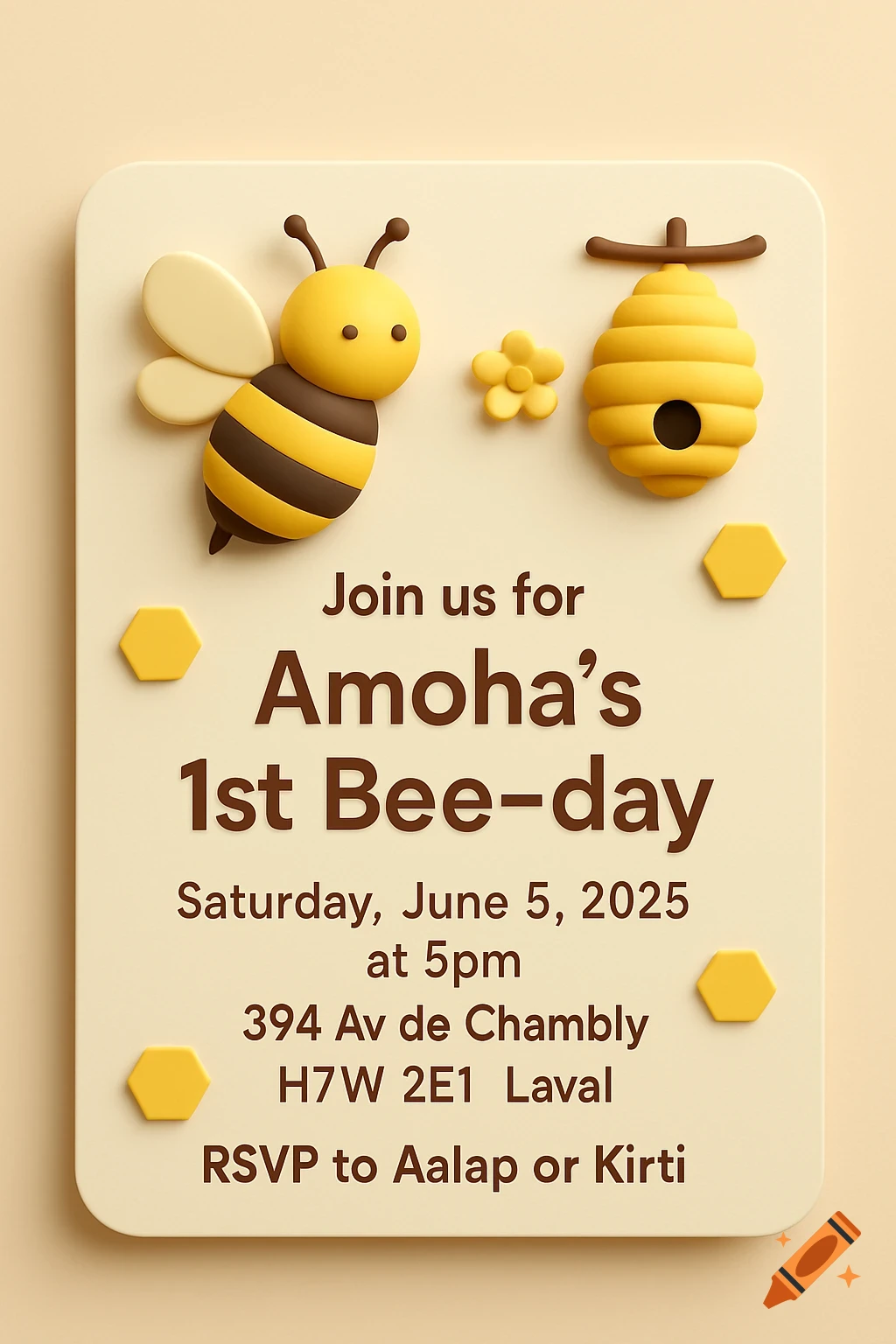 A 3D illustration of a bee, beehive, and hexagons on an invitation card for a first birthday party.