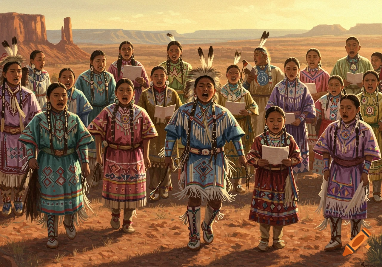 Group of people in traditional clothing singing or reading outdoors in a desert landscape painting.