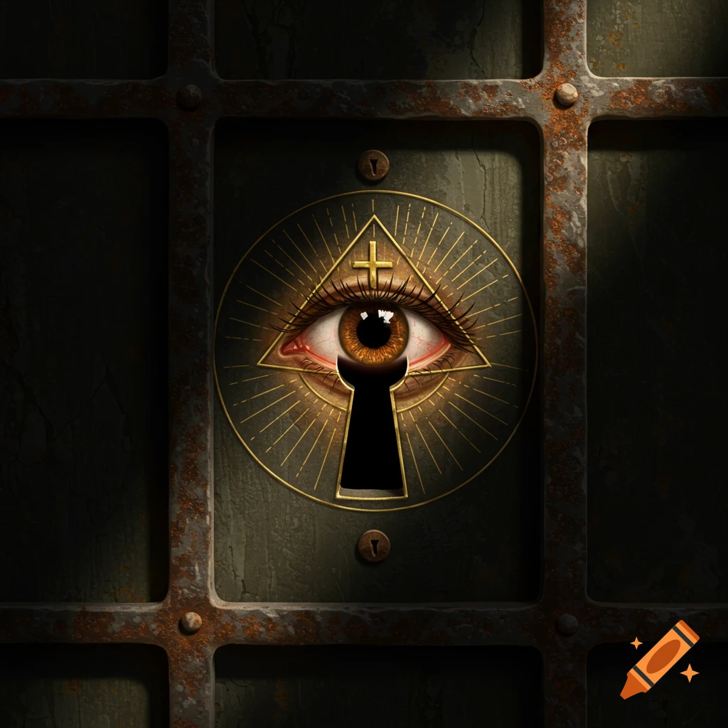 An eye within a pyramid symbol looks through a keyhole on a metal door with bars.