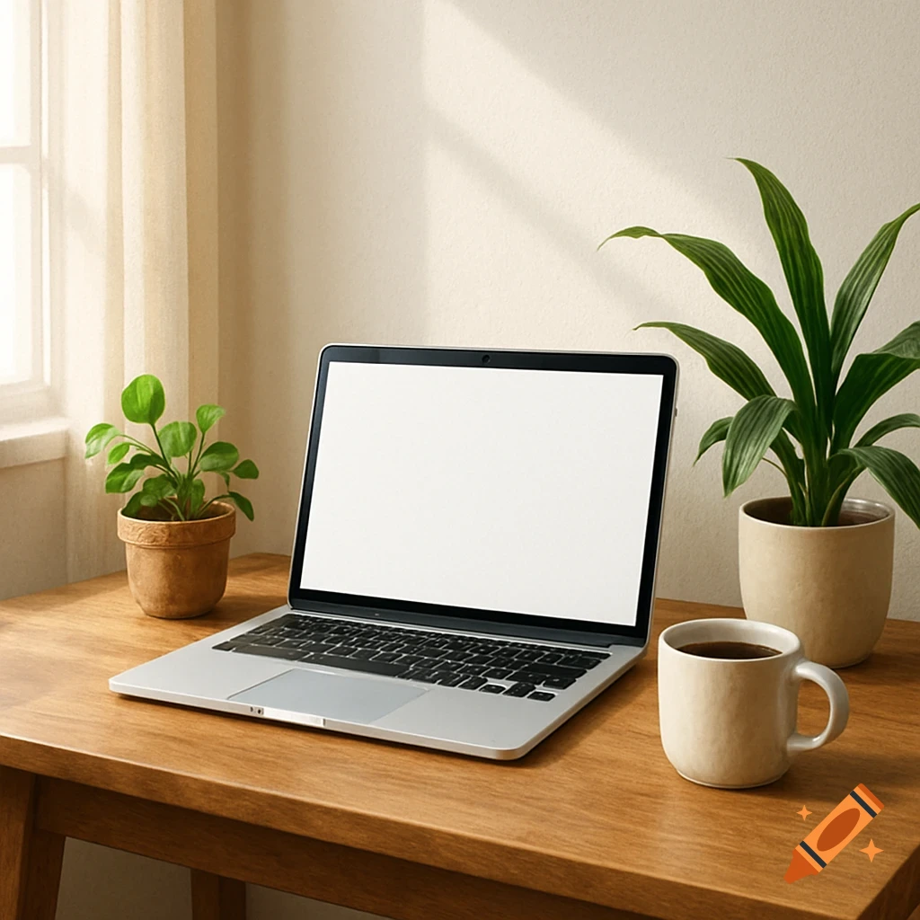 A wooden desk with a laptop, coffee mug, and green plants in bright natural light.