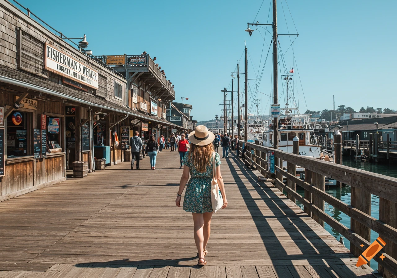 A woman walks along a wooden pier past shops and boats at Fisherman's Wharf.