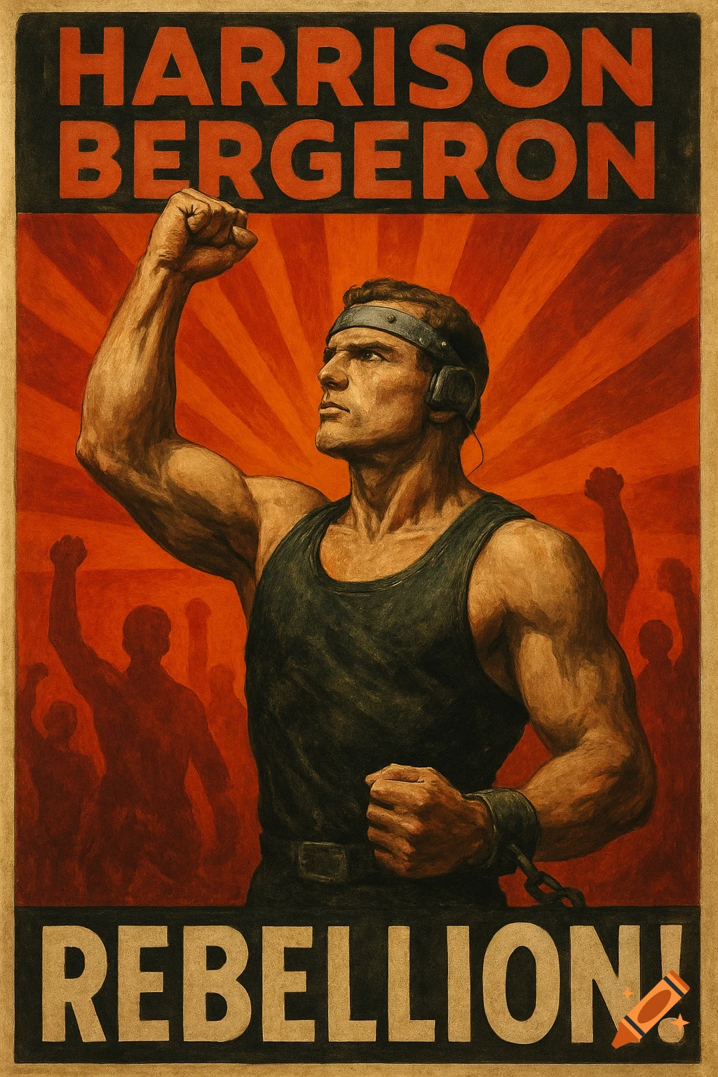 Propaganda poster for Harrison Bergeron featuring a muscular man with a raised fist and background figures, text says HARRISON BERGERON and REBELLION!