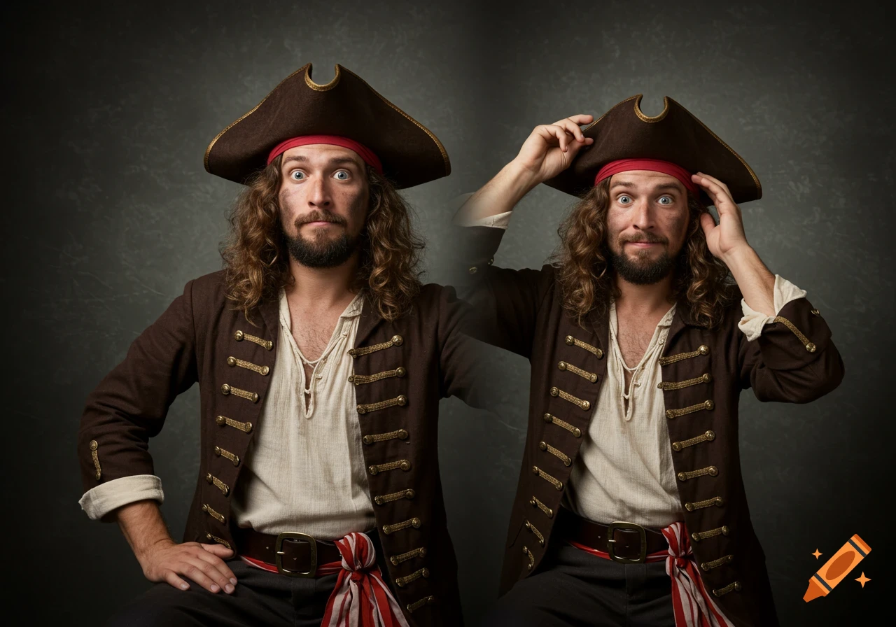 A man in a pirate costume poses for a double exposed studio portrait.