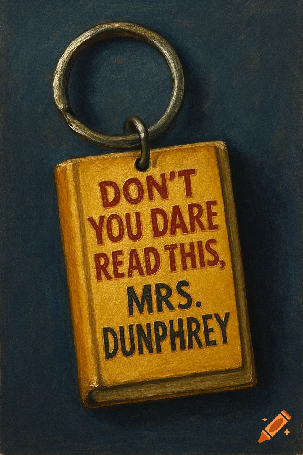 A close-up of a keychain shaped like a small yellow book. The text 'DON'T YOU DARE READ THIS, MRS. DUNPHREY' is written on the cover. Painterly style.