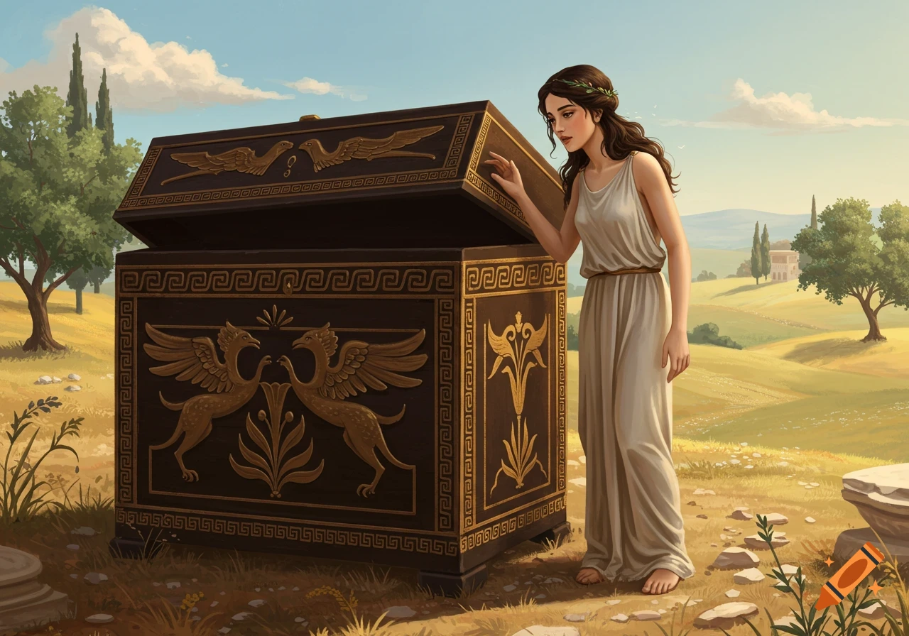 Ancient Greek woman standing beside an ornate chest in a landscape, digital painting.