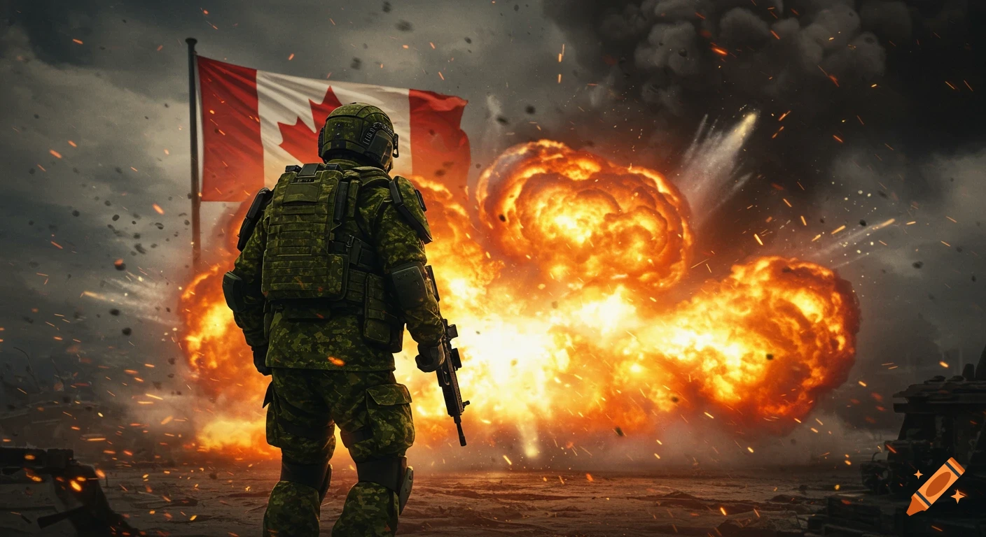 A soldier in camouflage stands facing away from explosions, looking at a Canadian flag in the background. Digital art.