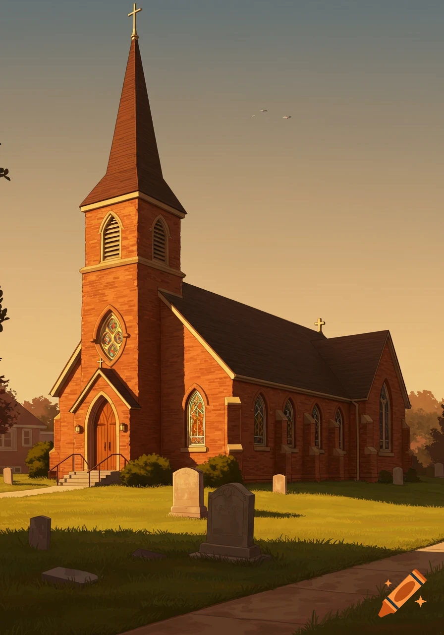 An illustration of a brick church with a steeple next to a cemetery at sunset.