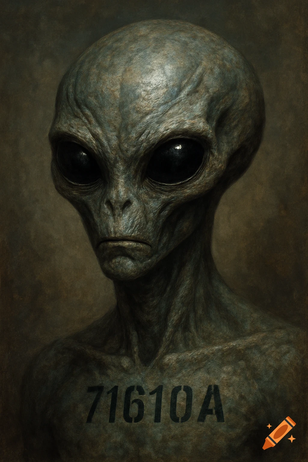 Textured portrait of a grey alien with large black eyes and text '71610A' on its chest.