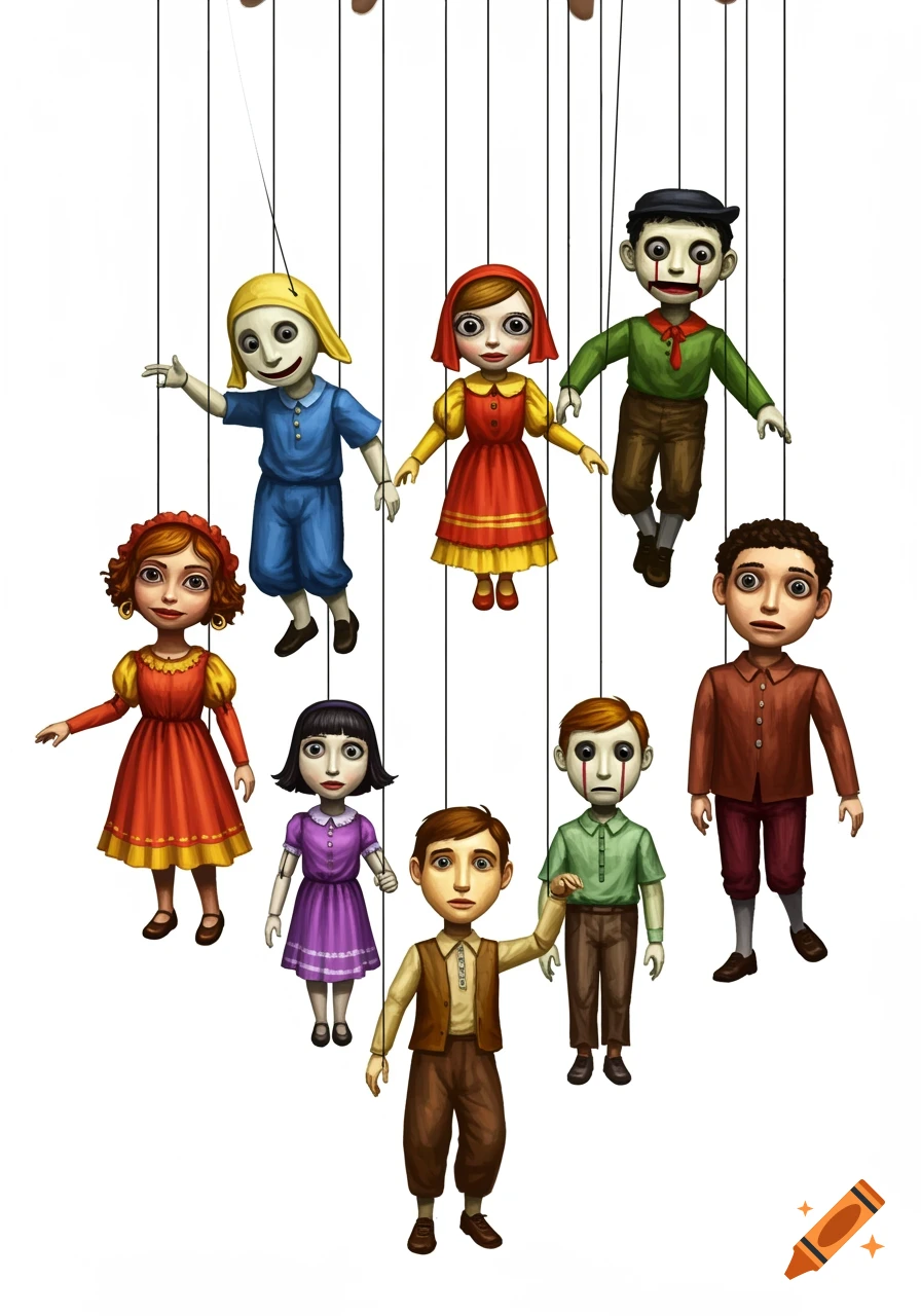 Illustrative image of multiple people puppets hanging by strings.