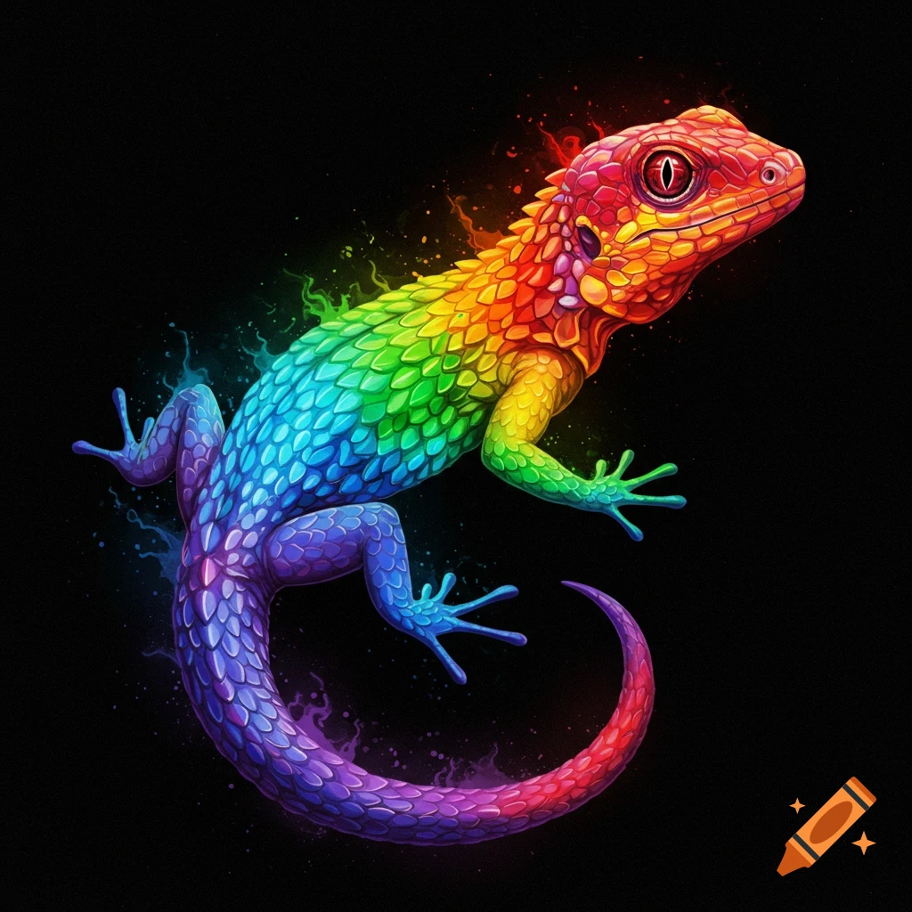 A psychedelic rainbow-colored lizard on a black background.