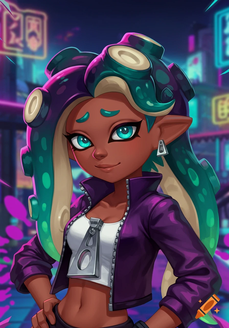 An anime-style portrait of a dark-skinned woman with teal tentacles, resembling Marina from Splatoon, in a purple jacket against a neon city background.