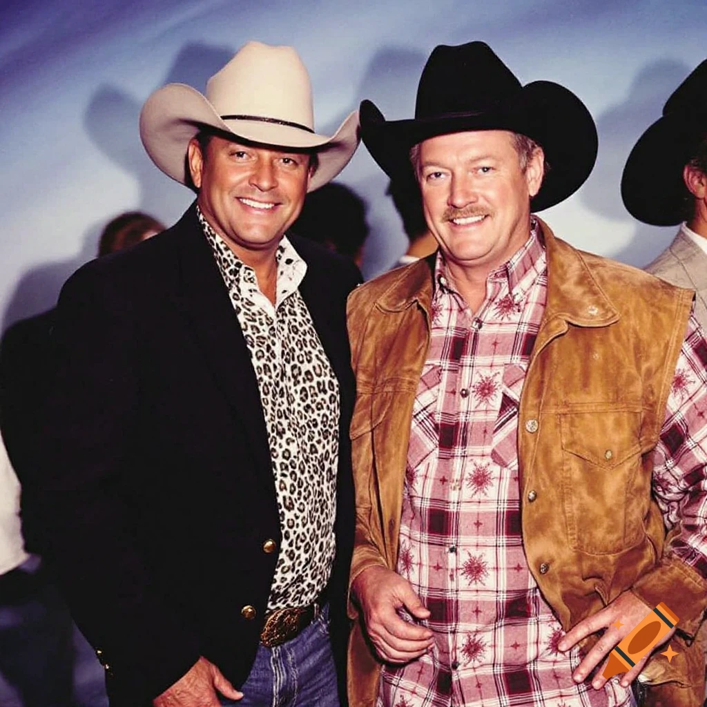 Two men in cowboy hats and western shirts smile for the camera.