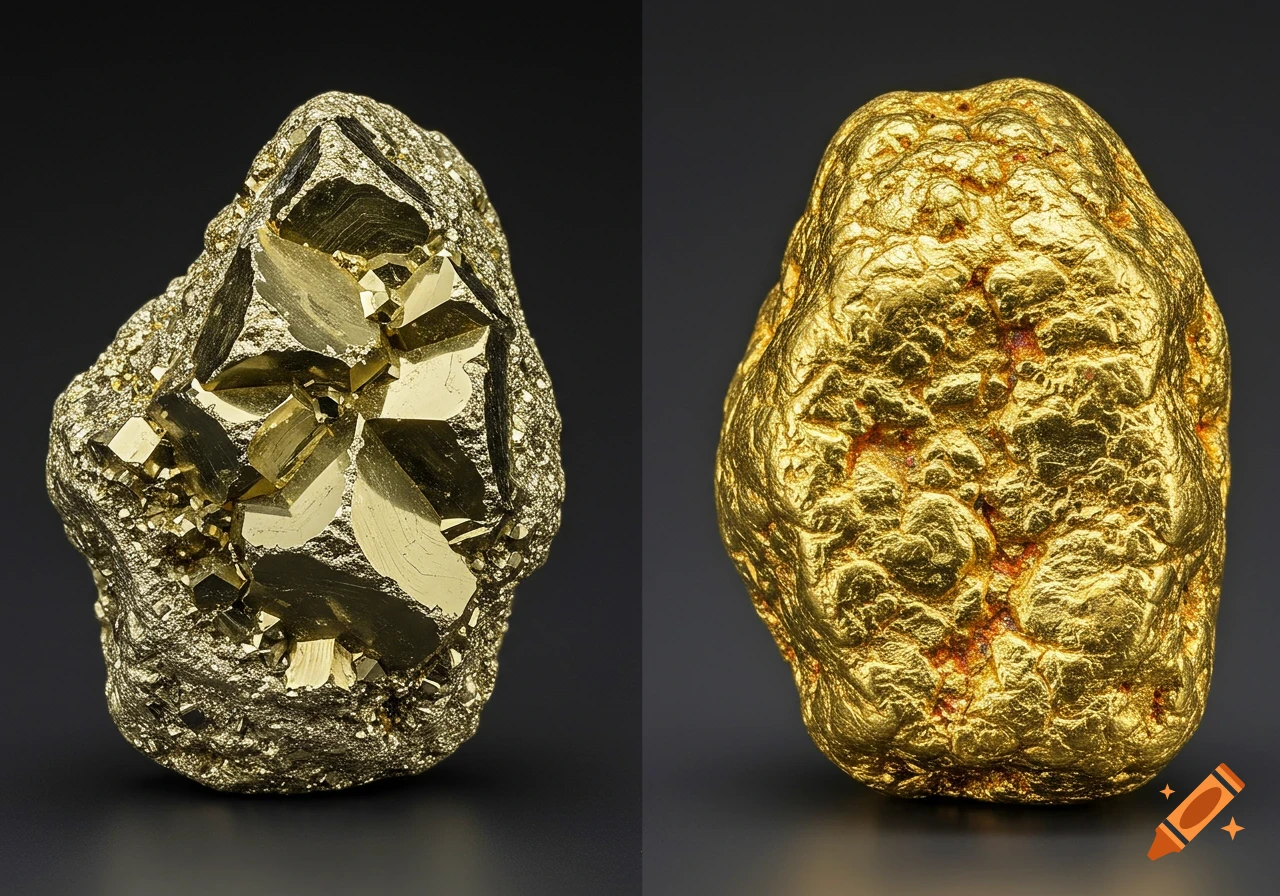 Side-by-side photo of shiny pyrite next to dull raw gold.