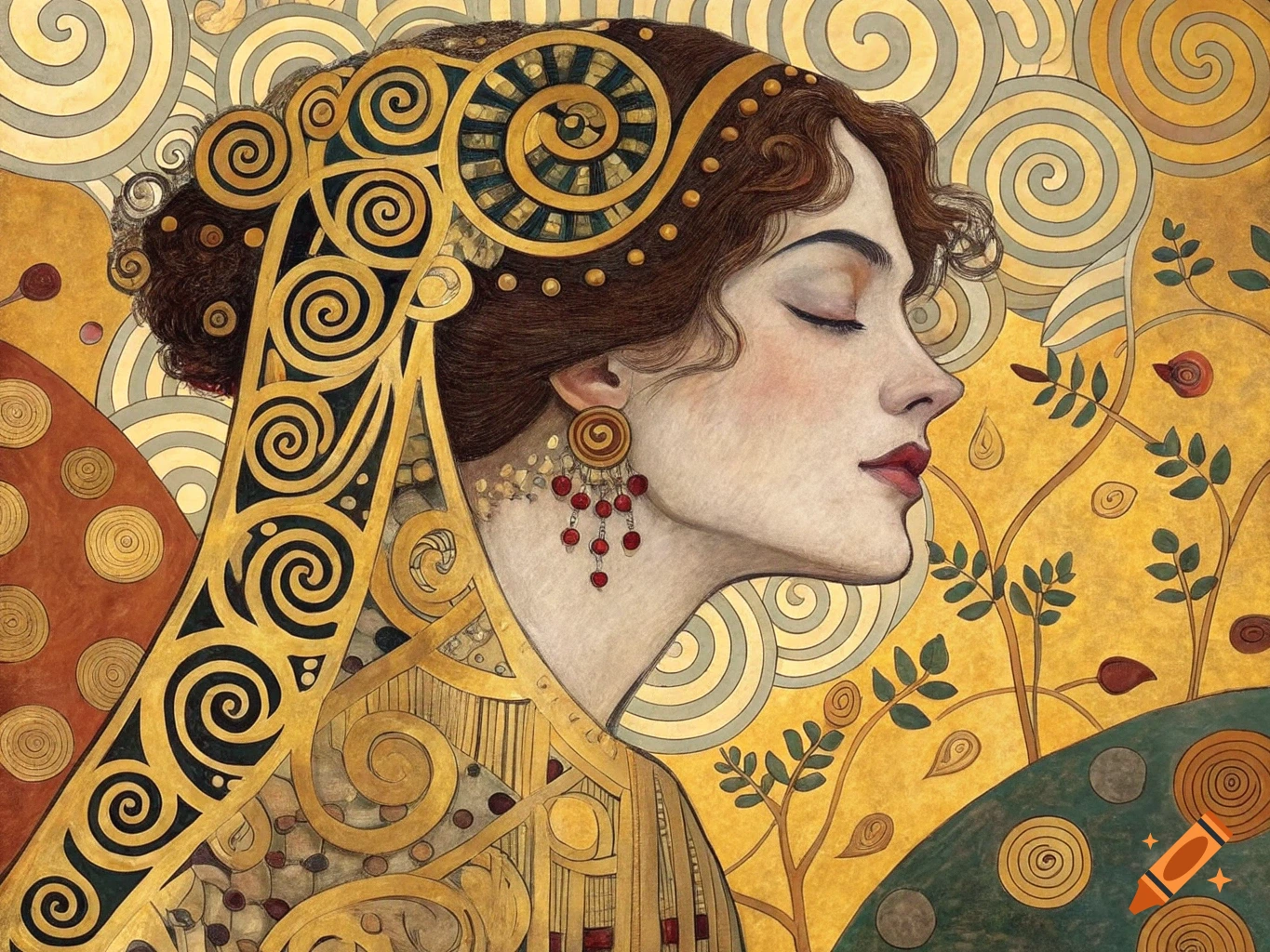 Profile portrait of a woman in gold and patterned art nouveau style