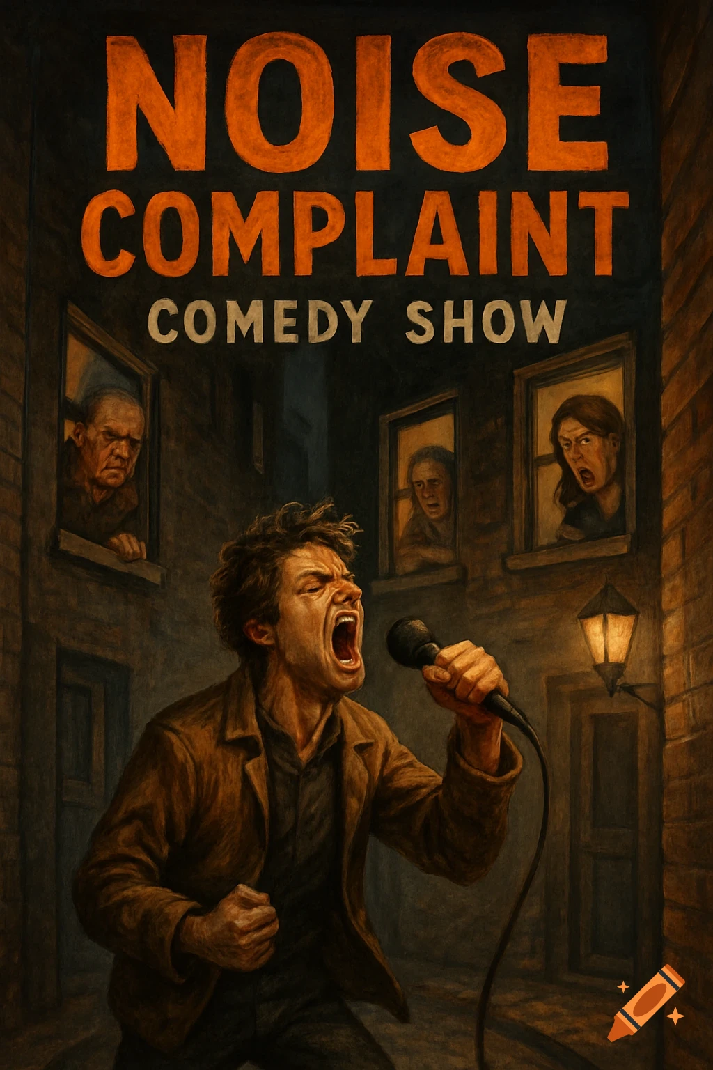 Illustrated poster of a person yelling into a microphone in an alley while angry neighbors look out windows. Text reads "Noise Complaint Comedy Show".