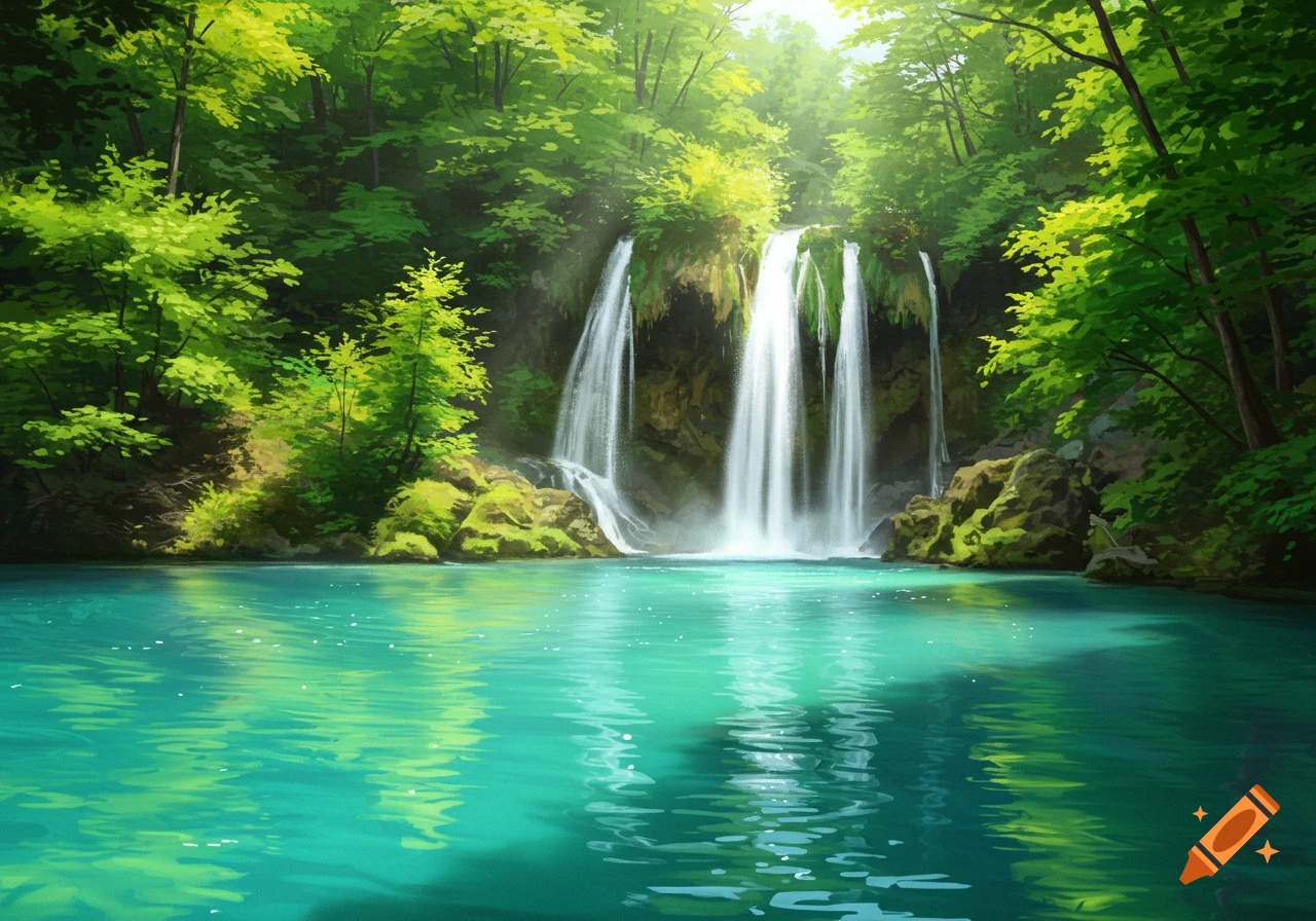 A waterfall cascades into a bright blue lake in a lush green forest.