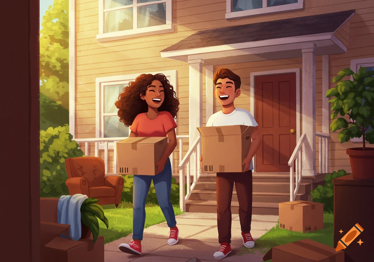 Smiling young couple carrying moving boxes towards a house in an illustration.
