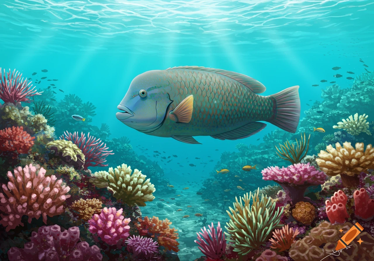 An illustration of a large humphead wrasse swimming in a vibrant coral reef underwater.